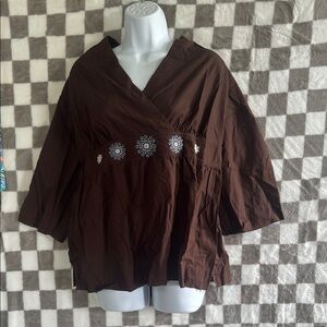 Tommy Hilfiger Brown Wrap Blouse with 3/4 Sleeves V neck Shirt Size 2X